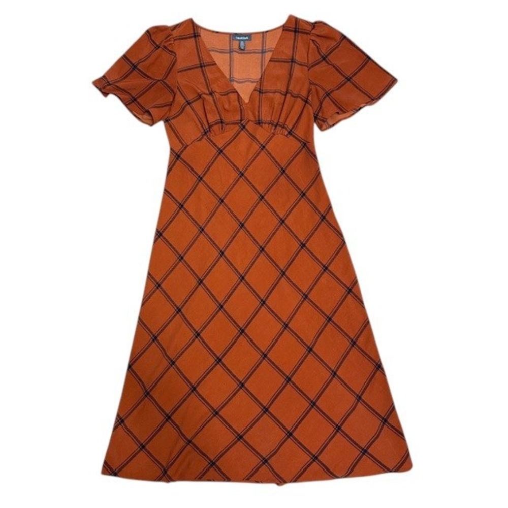 ModCloth Orange Plaid Flutter Sleeve V Neck Midi Dress Womens‎ M - Picture 6 of 16